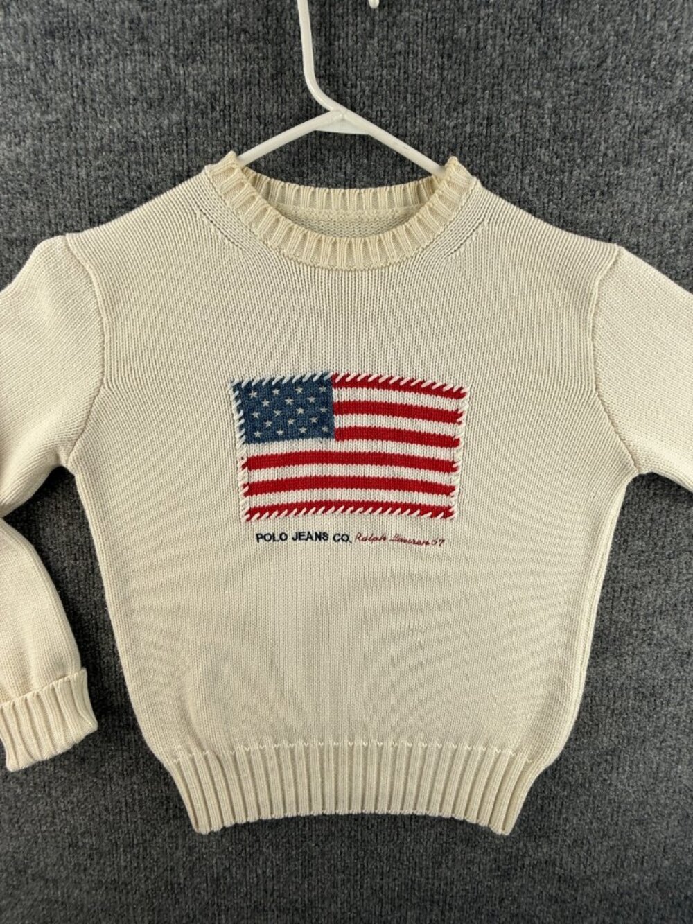 Polo Jeans Co Ralph Lauren Flag Sweater Knit Graphic Pullover Ivory Patriotic